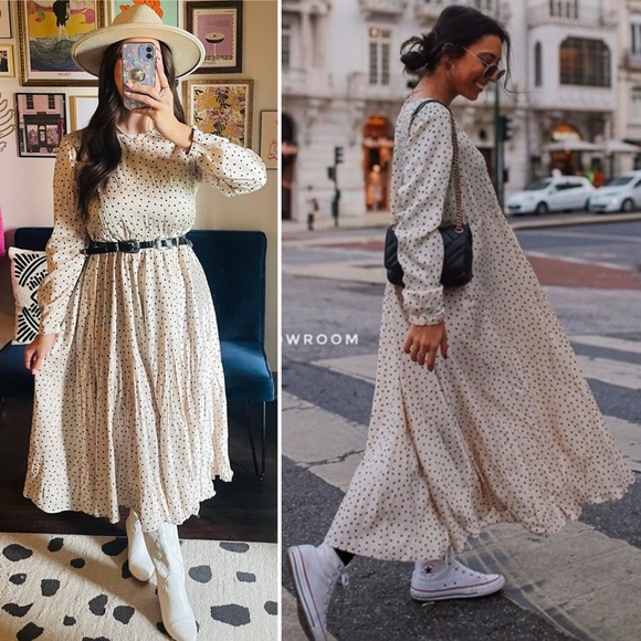 Zara Satin Polka Dot Long Sleeve Midi Dress - Picture 1 of 15